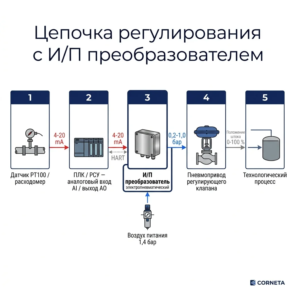 Схема цепи регулирования АСУТП — датчик 4-20 mA, ПЛК, И/П преобразователь, пневмопривод регулирующего клапана, технологический процесс. Указаны типы сигналов.