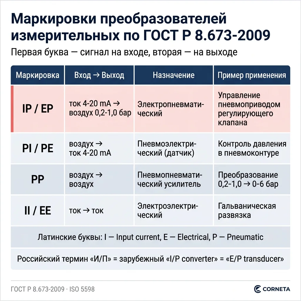 Справочная таблица маркировок преобразователей измерительных пневматических IP, EP, PI, PE, PP по ГОСТ Р 8.673-2009 с указанием входа, выхода и области применения.
