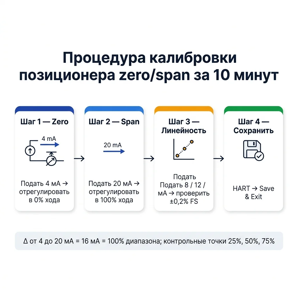 Пошаговая методика калибровки позиционера 4-20 мА — 4 шага: zero на 4 мА, span на 20 мА, проверка линейности на 8/12/16 мА и сохранение параметров в HART.