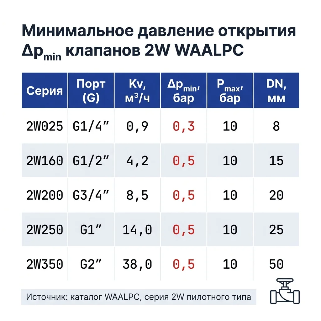 Таблица минимального давления открытия Δp_min клапанов 2W WAALPC по сериям 2W025, 2W160, 2W200, 2W250 и 2W350 с размерами портов от 1/4″ до 2″ и значениями Kv.
