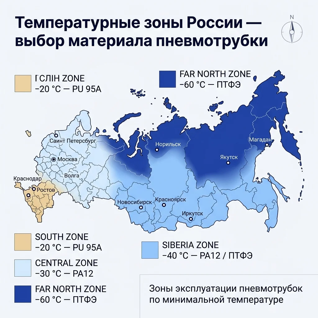 Температурная карта России с четырьмя климатическими зонами минимальной зимней температуры и рекомендуемым материалом пневмотрубки для каждой зоны: PU для юга, PA12 для средней полосы, ПТФЭ для Крайнего Севера.