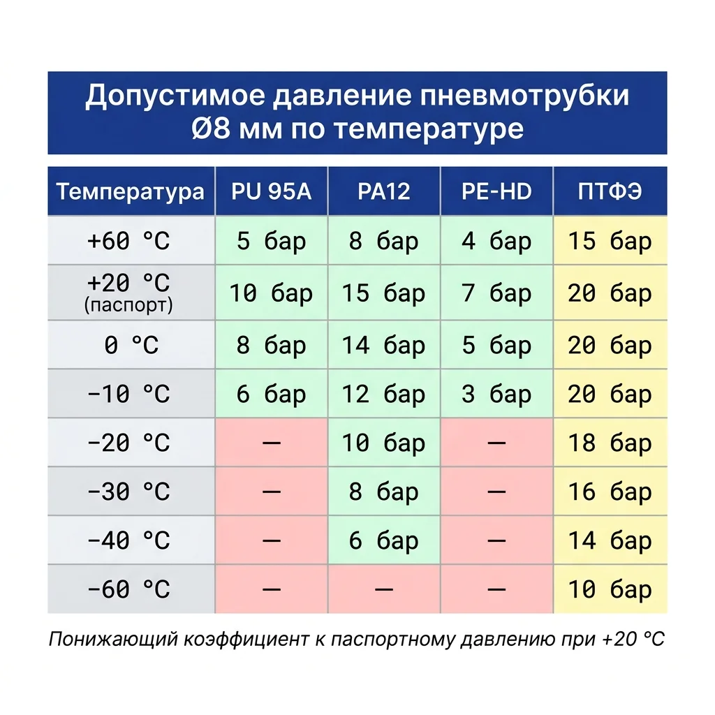 Инженерная таблица допустимого давления пневматических трубок PU 95А, PA12, PE-HD и ПТФЭ при разных температурах от +60 до −60 °C для трубки Ø8 мм с цветовой кодировкой зон применимости.