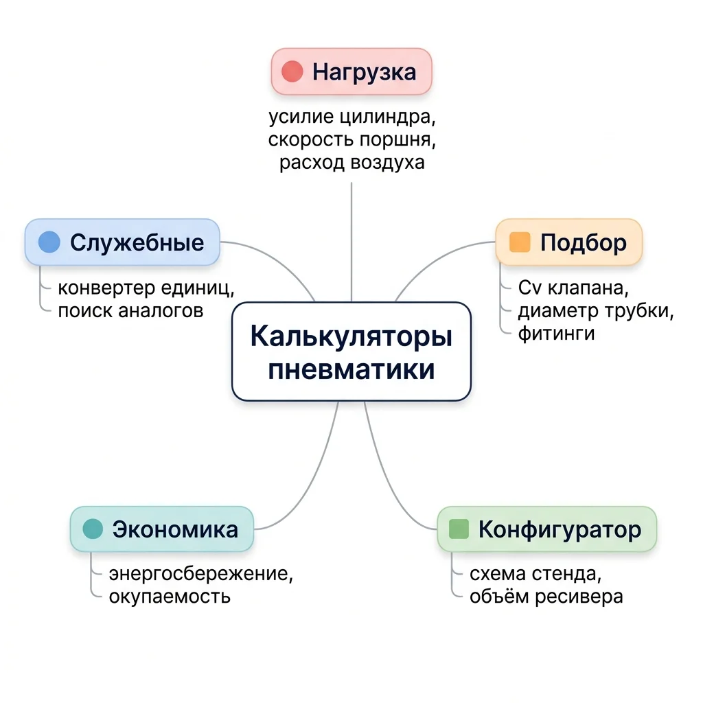 Mind-map диаграмма пяти групп онлайн-калькуляторов пневматики — нагрузка, подбор оборудования, конфигуратор стенда, экономика и служебные инструменты.