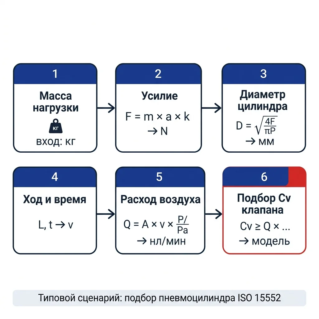 Горизонтальная flow-схема из 6 шагов подбора пневмоцилиндра с помощью онлайн-калькуляторов — от массы нагрузки до Cv клапана.