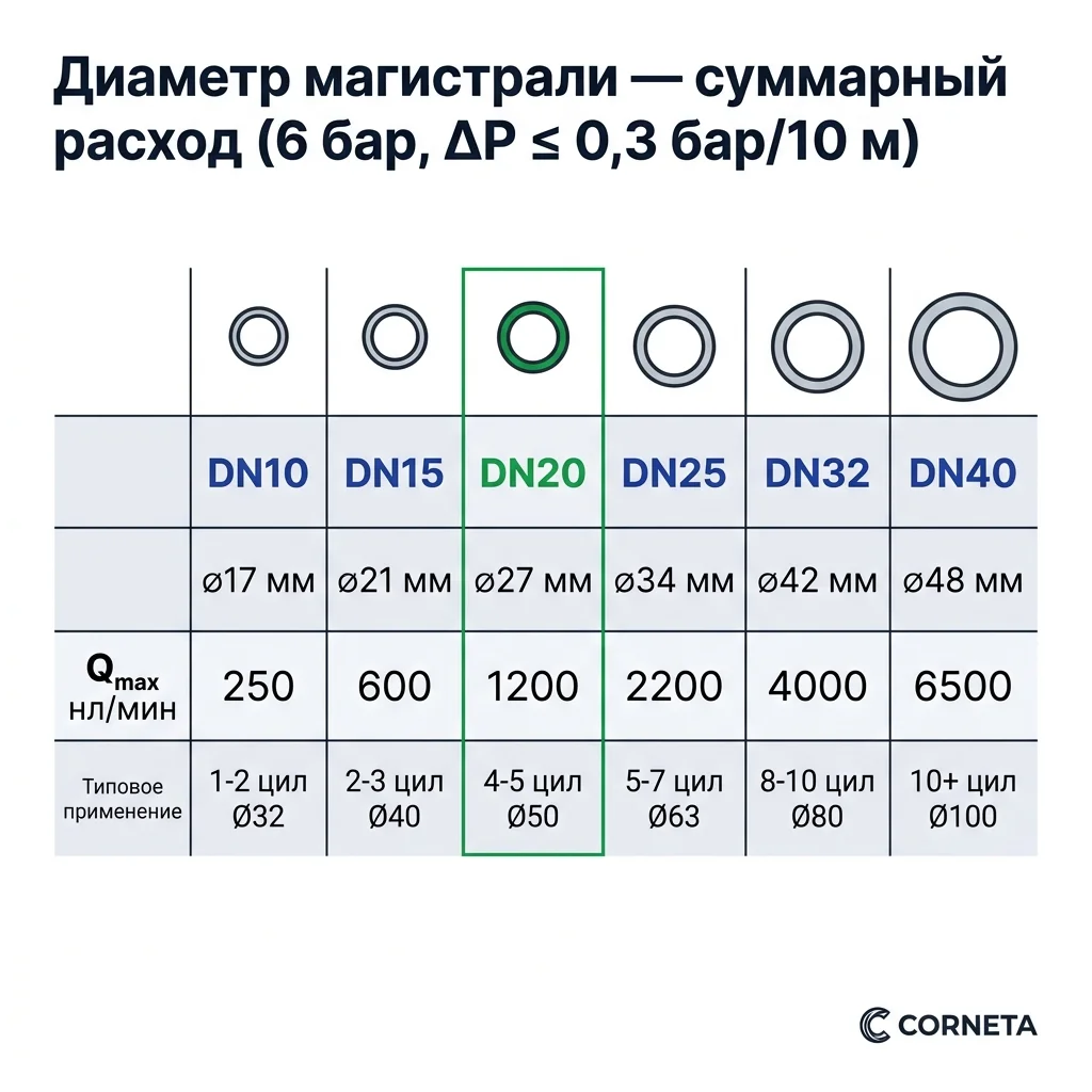 Справочная таблица соответствия диаметра пневмомагистрали (DN10 — DN40) и максимально допустимого суммарного расхода в нл/мин при рабочем давлении 6 бар и потере давления не более 0,3 бар на 10 метров.