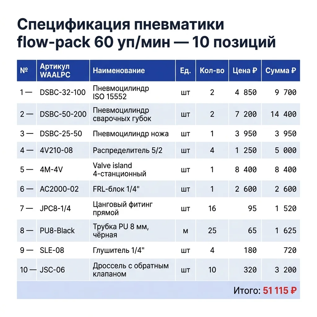 Спецификация BOM пневматики flow-pack 60 уп/мин — 10 компонентов WAALPC с артикулами, ценами и итогом 51 115 ₽.