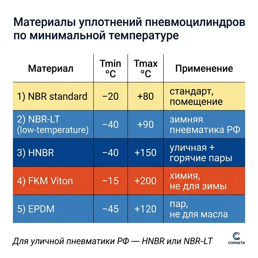 Сравнительная таблица материалов уплотнений пневмоцилиндров по минимальной рабочей температуре — NBR, NBR-LT, HNBR, FKM и EPDM с областью применения и пригодностью для зимы.