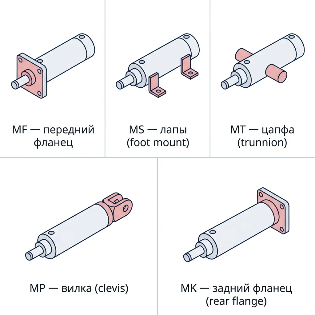 Сетка пяти типов креплений ISO 15552 — передний фланец MF, лапы MS, цапфа MT, вилка MP и задний фланец MK с подписями.