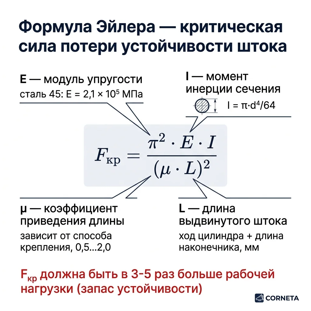 Формула Эйлера F_кр = π²·E·I/(μ·L)² с разъяснением переменных — модуля упругости стали, момента инерции круглого сечения штока, коэффициента приведения длины и длины выдвинутого штока.