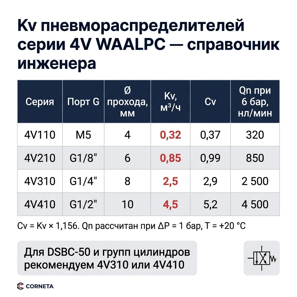 Справочная таблица Kv пневмораспределителей WAALPC серии 4V — 4V110/210/310/410 с пропускной способностью.