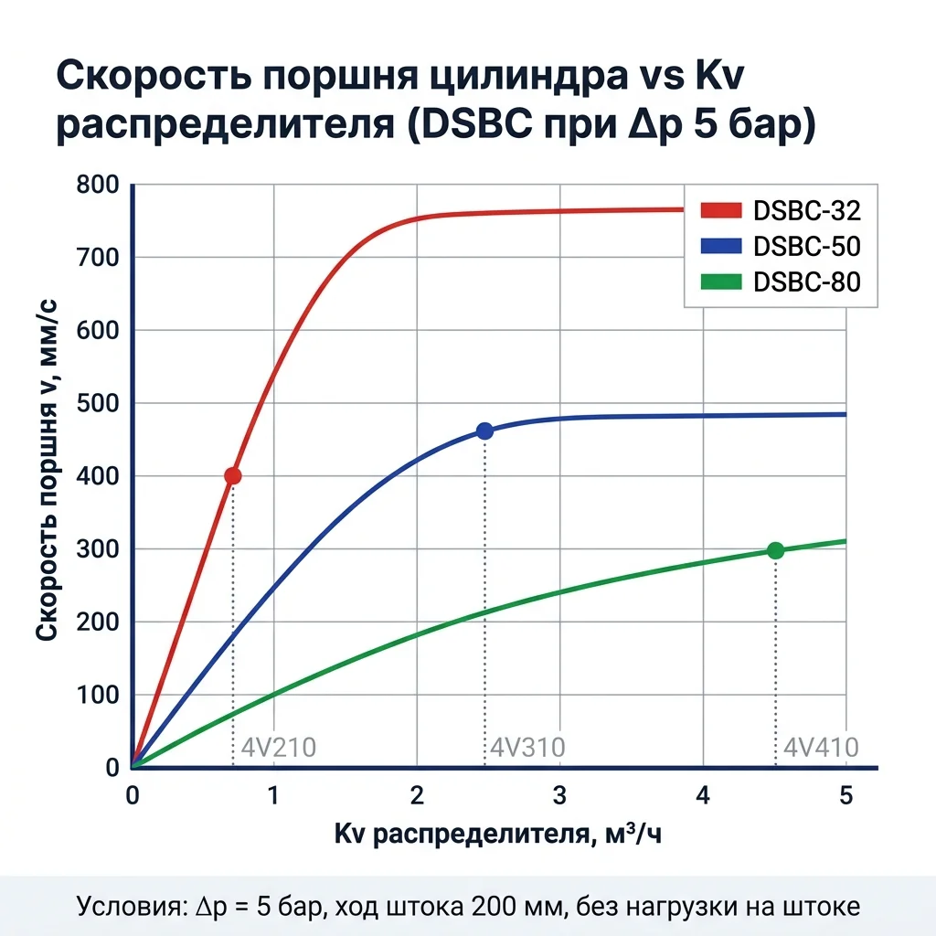 График зависимости скорости поршня пневмоцилиндра от Kv распределителя для трёх диаметров DSBC-32, DSBC-50 и DSBC-80 при перепаде давления 5 бар.