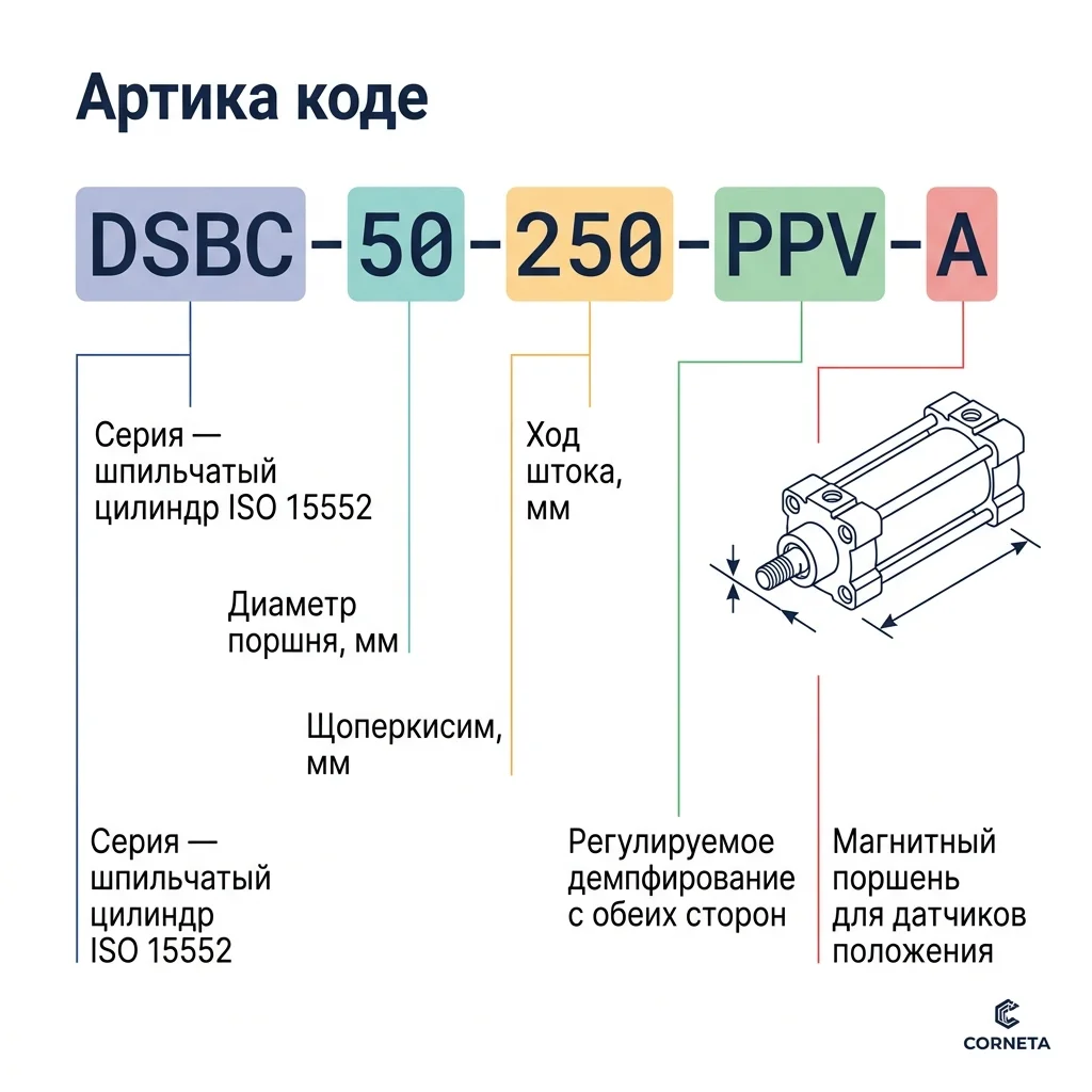Структура артикула DSBC-50-250-PPV-A пневмоцилиндра ISO 15552 — разложение на сегменты серия, диаметр поршня 50 мм, ход 250 мм, регулируемое демпфирование PPV и магнитный поршень A.