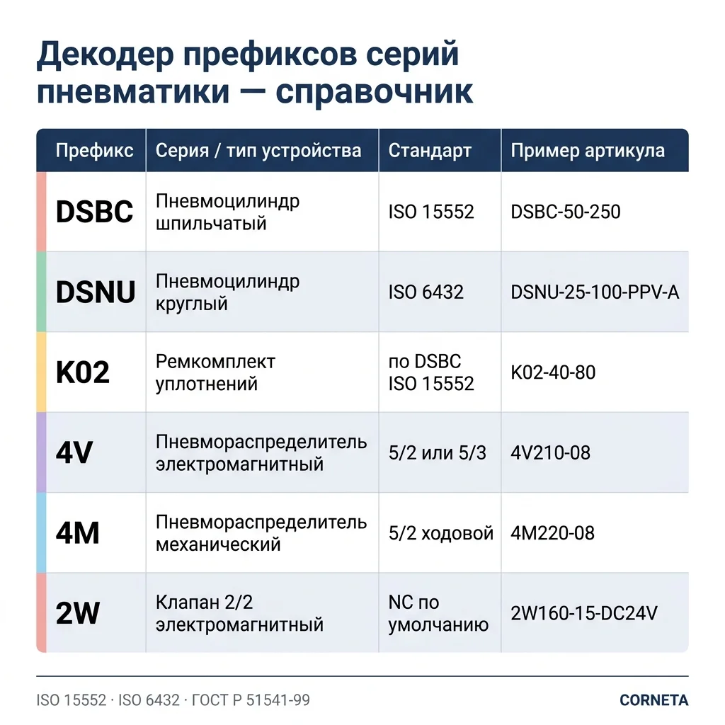Сводная таблица декодера префиксов серий пневматики DSBC, DSNU, K02, 4V, 4M и 2W с указанием типа устройства, стандарта ISO и примера артикула.