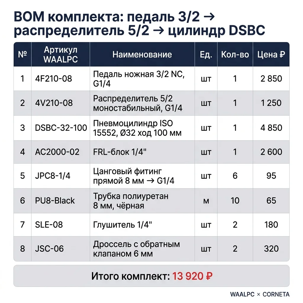 BOM комплекта педальной схемы — 8 артикулов WAALPC от 4F210-08 до JSC-06 за 13 920 ₽.