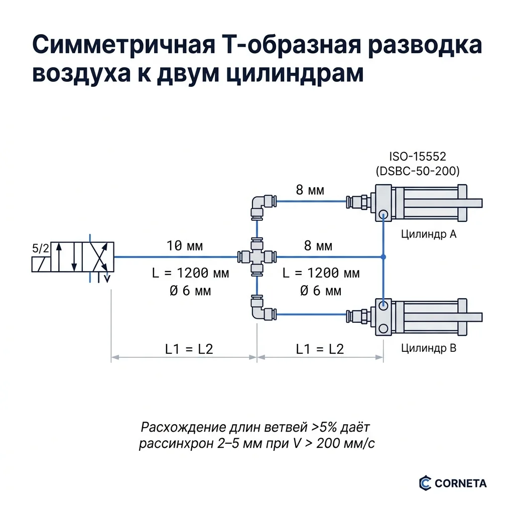 Симметричная Т-образная разводка воздуха к двум цилиндрам DSBC по ISO 15552 с указанием длин ветвей.