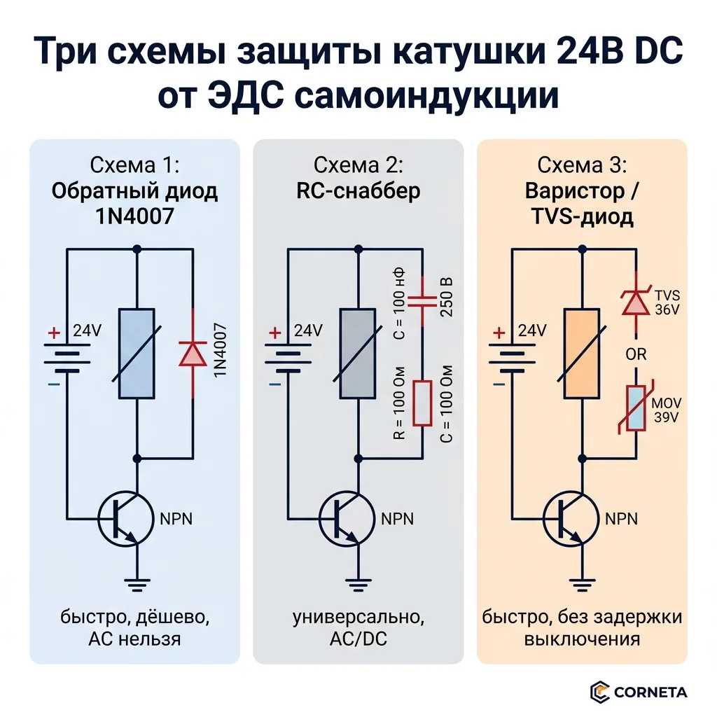 Три схемы защиты катушки 24В DC от ЭДС самоиндукции: обратный диод 1N4007, RC-снаббер, варистор или TVS-диод