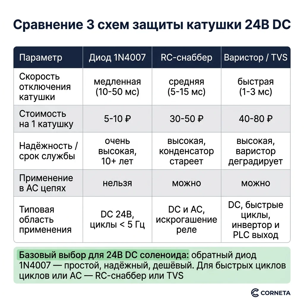 Сводная таблица трёх схем защиты катушки 24В DC: диод 1N4007, RC-снаббер, варистор. По скорости, стоимости, надёжности и области применения