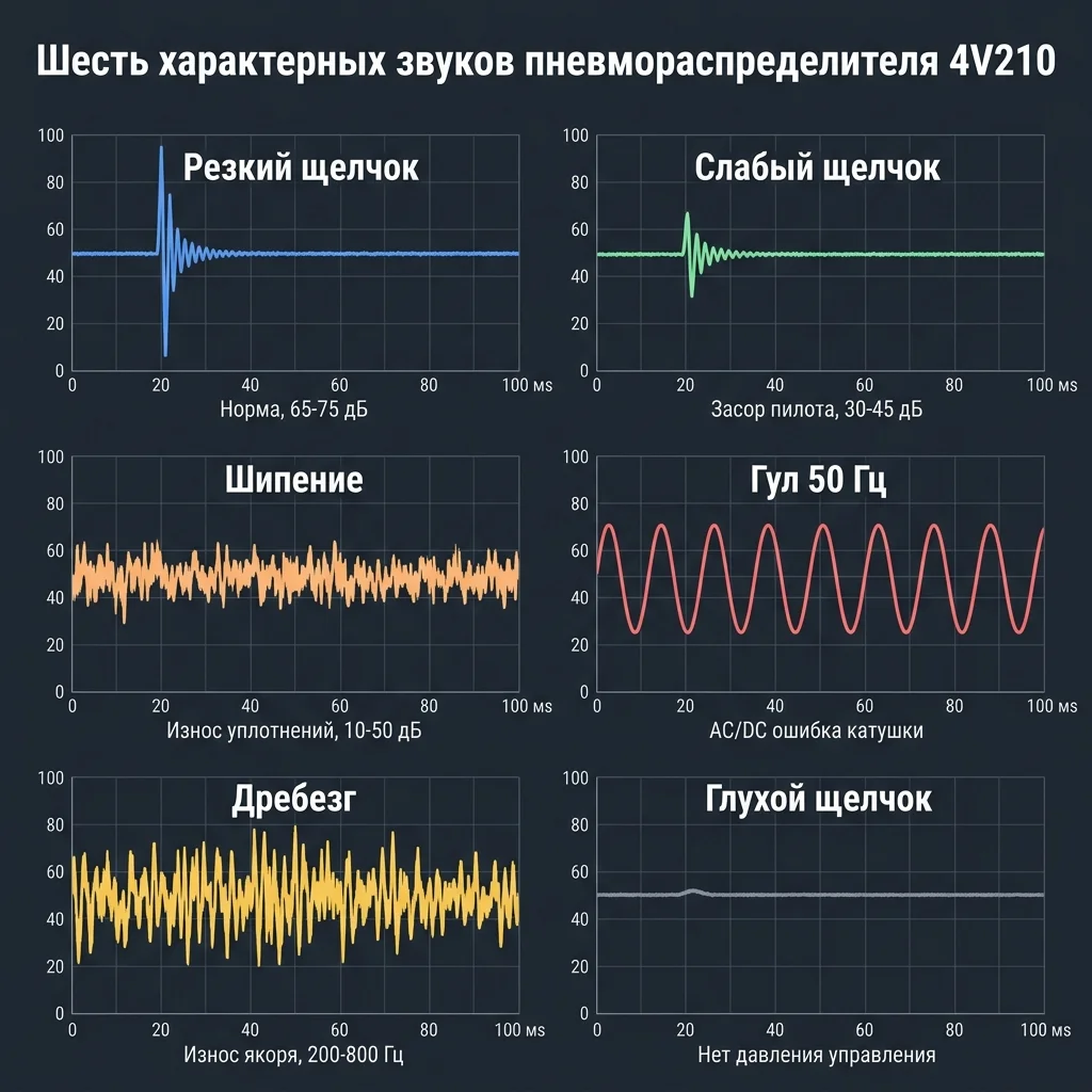 Сетка из шести звуковых форм волн пневмораспределителя 4V210: резкий щелчок (норма), слабый щелчок (засор), шипение (износ), гул 50 Гц (катушка AC/DC), дребезг (якорь), глухой щелчок (нет давления).