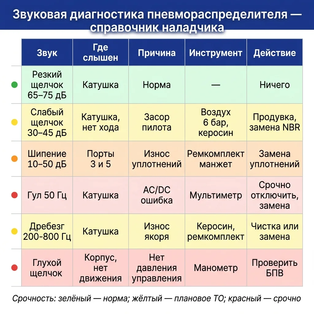 Сводная инженерная таблица звуковой диагностики пневмораспределителя 4V210 с цветовой индикацией срочности: связь звука, места возникновения, причины, инструмента и действия наладчика.