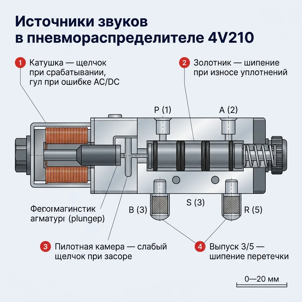 Технический разрез пневмораспределителя 4V210 с указанием четырёх источников звуков: катушка электромагнита, золотник с уплотнениями, пилотная камера и выпускные порты 3 и 5.