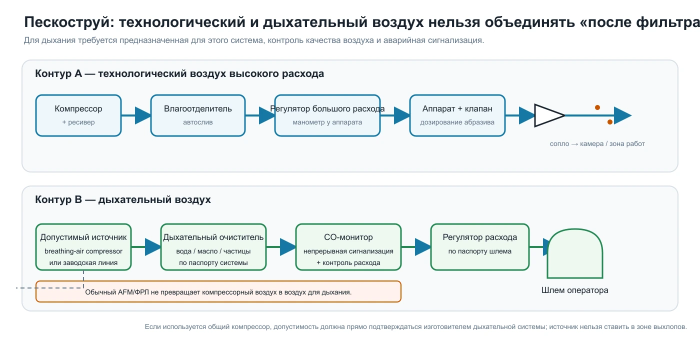 Раздельные контуры технологического и дыхательного воздуха пескоструйной камеры